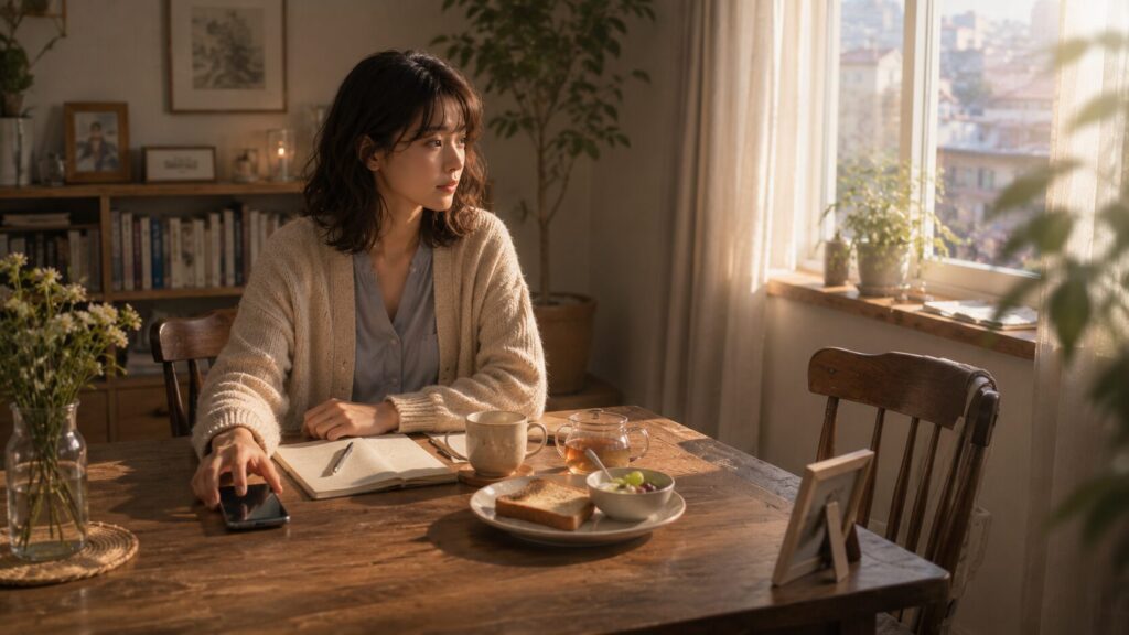 スマホを伏せる、空席と向き合う、受け取ったものを書いて朝食を取るという3つの問いを実践する女性