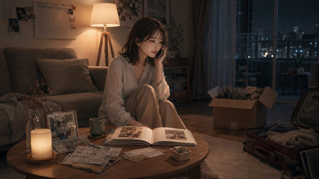 思い出の写真や旅行券、引っ越し箱に囲まれながら、彼氏をかばうように電話する女性