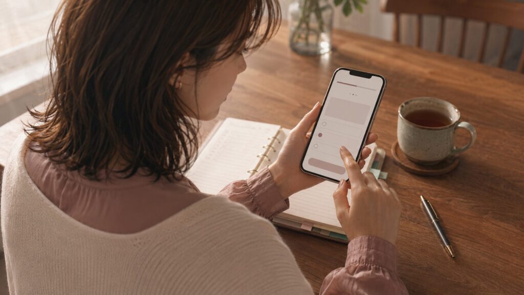直近3か月を振り返りながら、スマートフォンで彼氏への気持ちを整理する18問診断に回答する女性