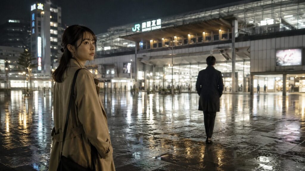 話し合いに応じない彼氏を追いかけるか見切るか迷い、駅前で立ち止まる女性