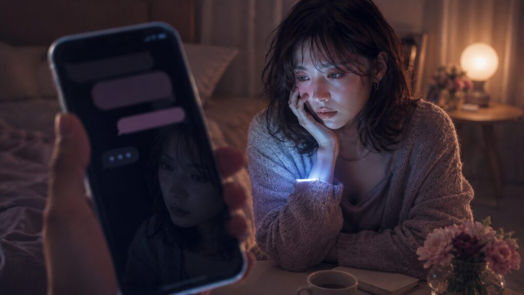 返信を待つ不安やドキドキを恋愛感情と勘違いしそうになる女性のイラスト