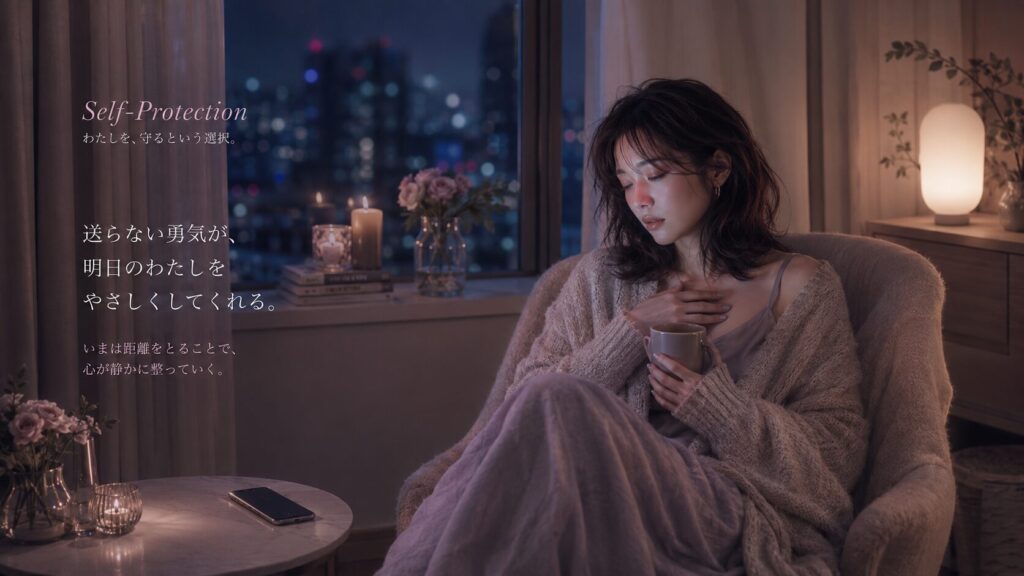 追いLINEを送る前にスマホを伏せ、深呼吸して自分を落ち着かせる女性のイラスト