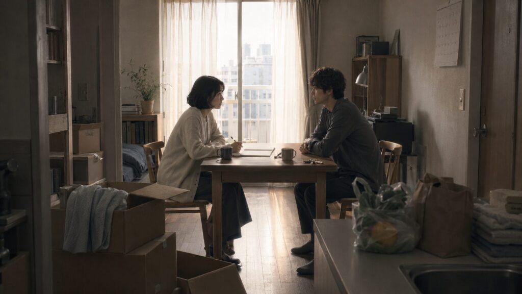 引っ越したばかりの部屋で、生活や将来について真剣に話し合う男女と再会後の現実