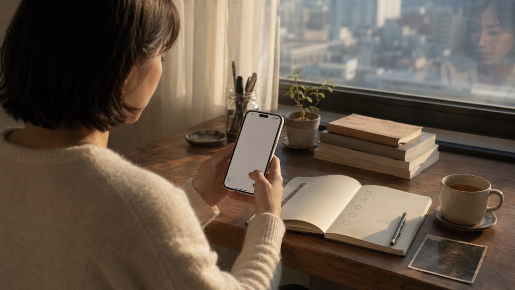 忘れられない人へ連絡する前に、スマートフォンと5つの確認項目を前に立ち止まる女性