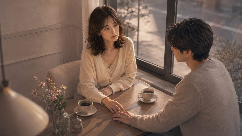 カフェで向き合う恋人同士が、スキンシップだけで愛情を判断しない大切さを表すイラスト
