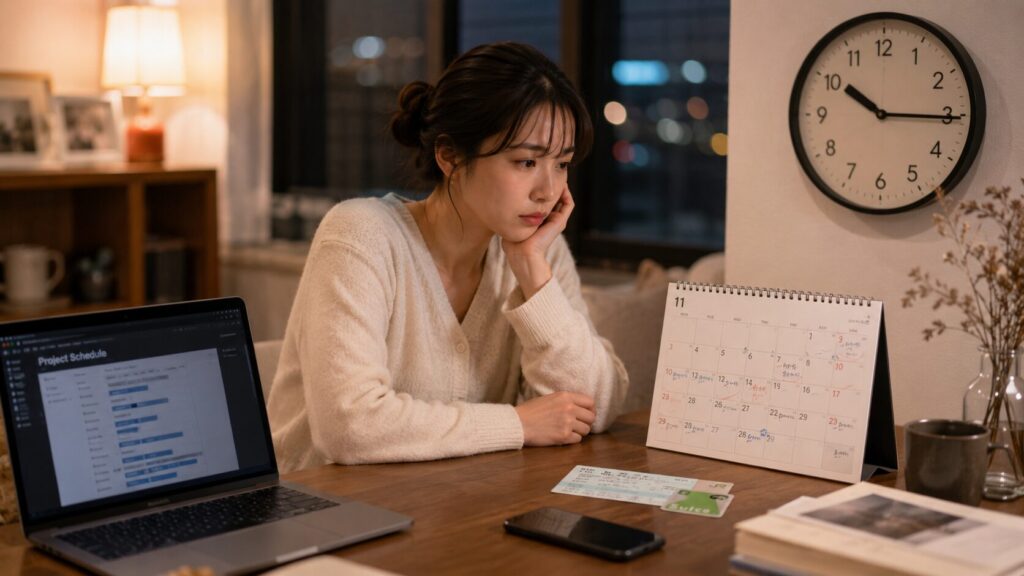 会う頻度が合わない原因として仕事や生活リズム、距離、恋愛観のズレを整理しているカップルの場面