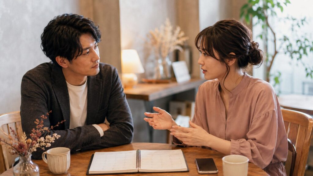 会う頻度のズレについて責め合わず、カレンダーを見ながら彼氏と話し合う女性