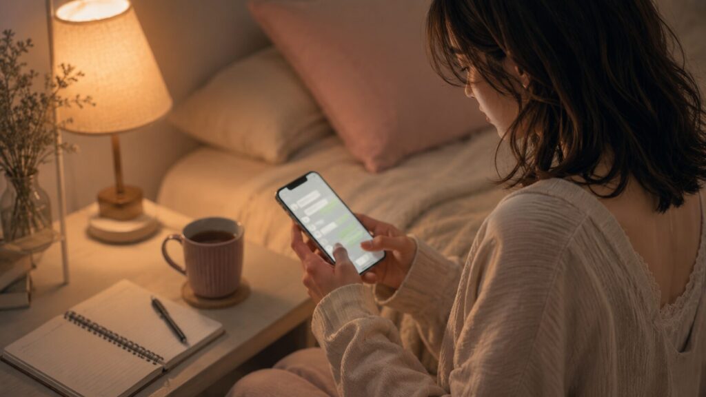 彼氏にスキンシップを求める本音を、責めない言葉でLINEに打とうとしている女性のイラスト