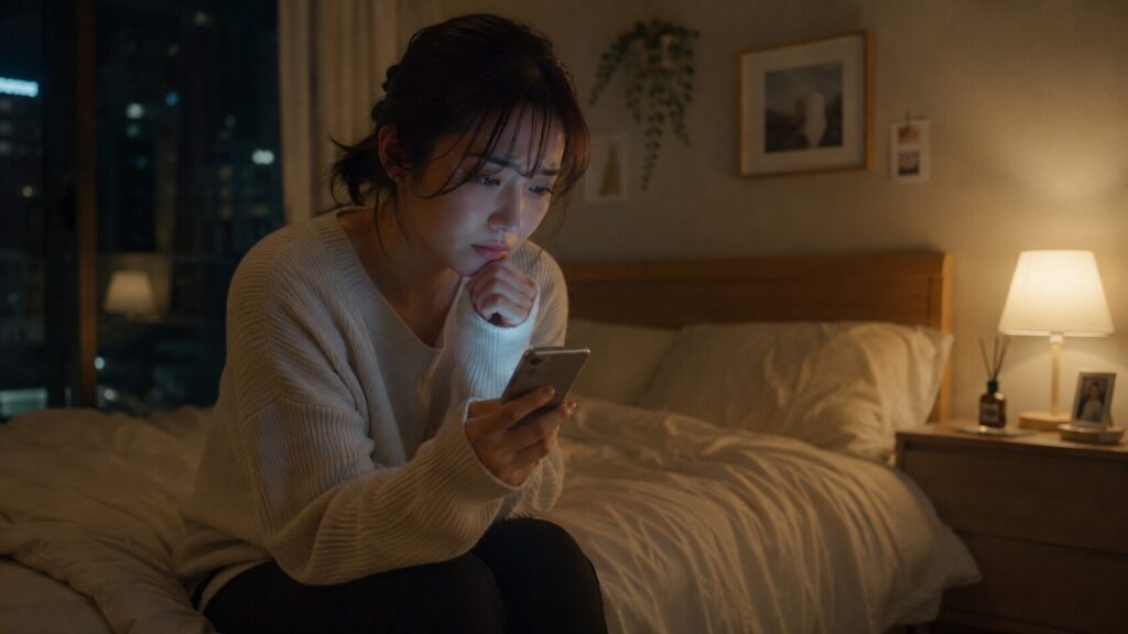 会う頻度が合わない寂しさから彼氏を試すようなLINEを送りそうになり、深夜のベッドで立ち止まる女性
