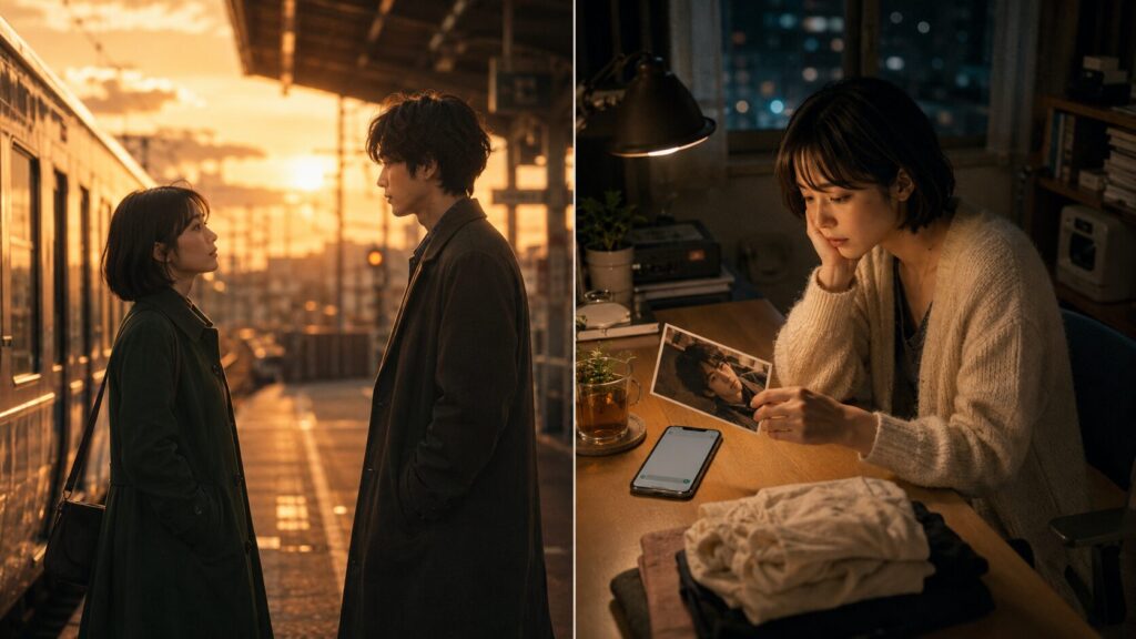 美しく残った過去の記憶と、古い写真を見ながら連絡を迷う現在の女性を対比したイラスト