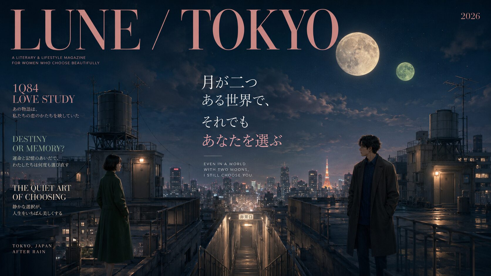 月が二つ浮かぶ東京の夜、離れた屋上から互いのもとへ歩き出す男女を描いた『1Q84』恋愛考察のアイキャッチ