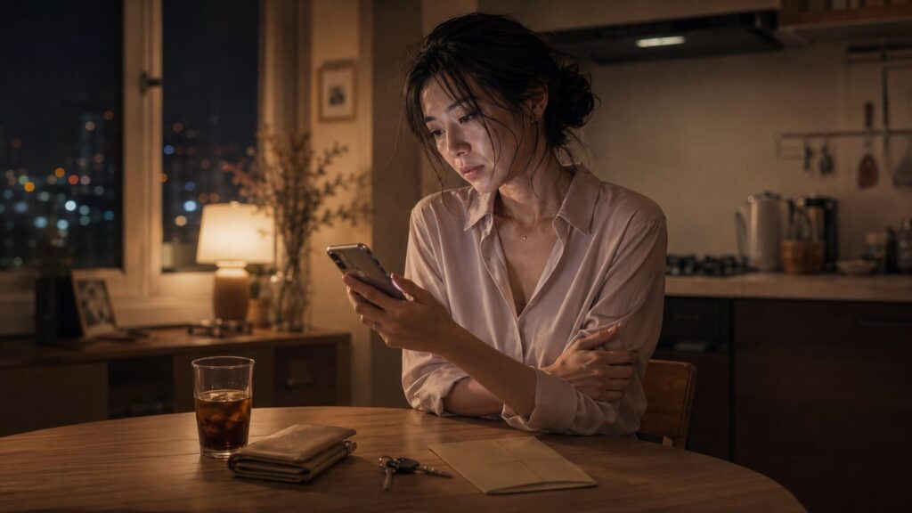 ロミオとジュリエット効果で美化しがちな恋の危険サインに気づき、夜のキッチンでスマホを見る女性