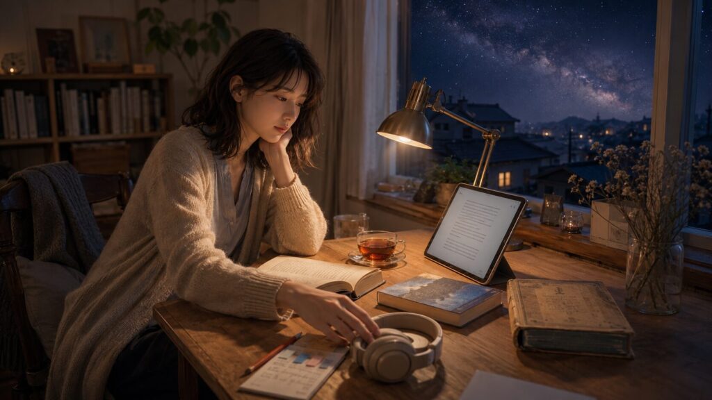 紙の文庫、初期稿の収録本、タブレット、ヘッドホンから『銀河鉄道の夜』の読み方を選ぶ女性