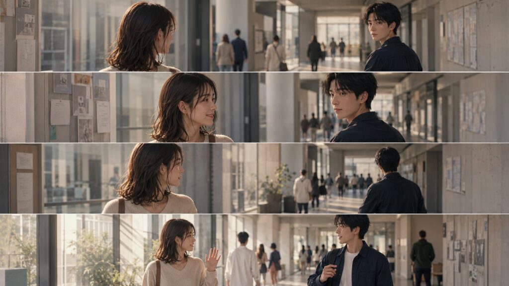 目が合った後に小さく笑い、自然な挨拶へつなげる女性
