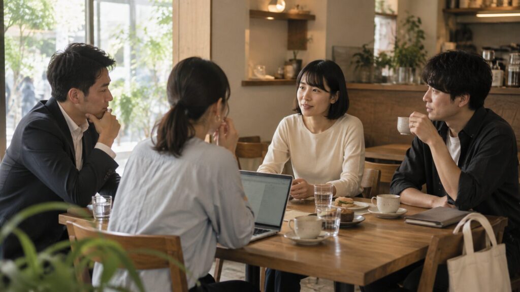 多様な働き方や生活をする友人たちの中で、周囲の小さな視線を受ける女性。