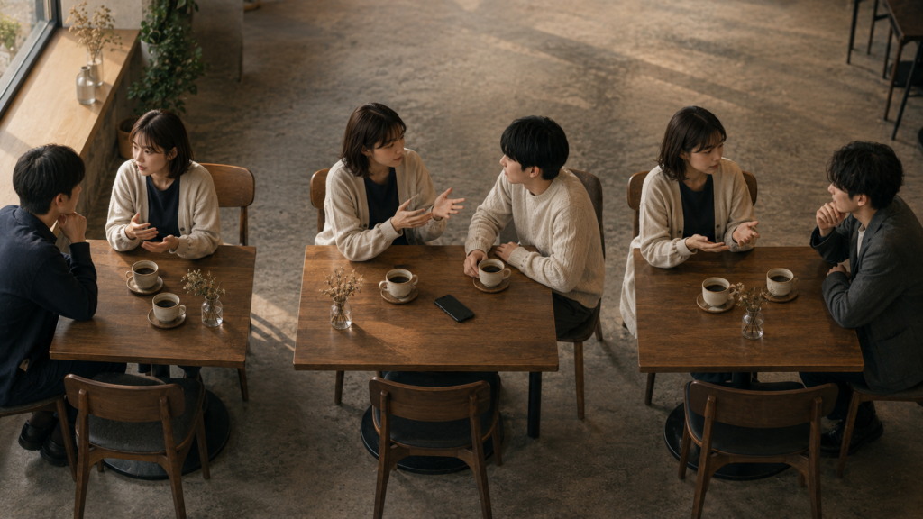 同じ女性が別々の男性と三つのカフェ席で似た自己紹介を繰り返している場面