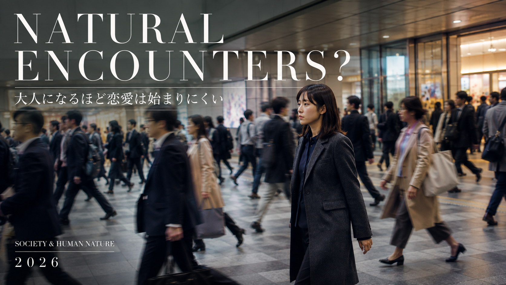 大勢の通勤者が別々の方向へ行き交う駅構内を、一人の若い社会人女性が歩いている
