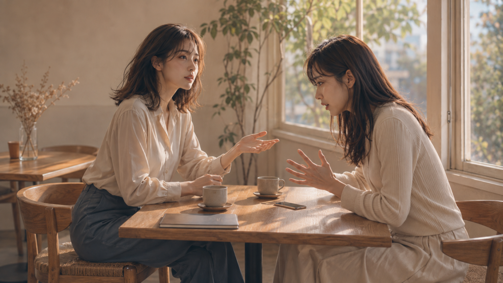 傷ついた友人の話を聞きながら、共感しつつ落ち着いて境界線を保つ女性