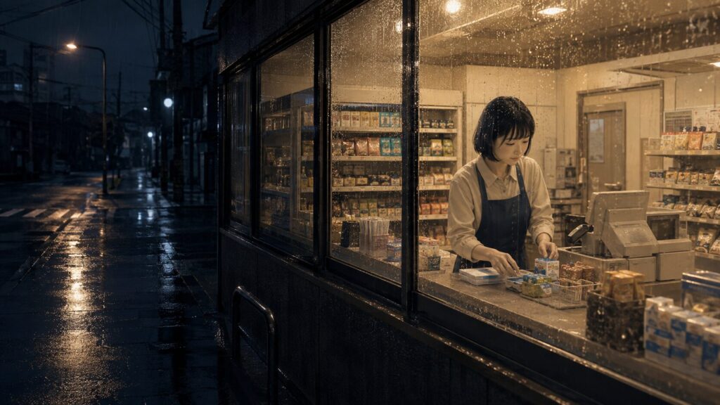 雨の夜、明るいコンビニの店内で静かな安心感を得ながら働く女性。
