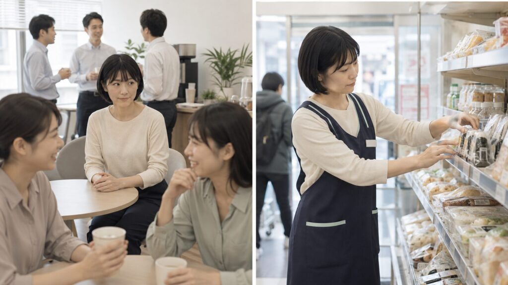 オフィスでは周囲に合わせられず、コンビニでは正確に働く同じ女性を対比したイラスト。