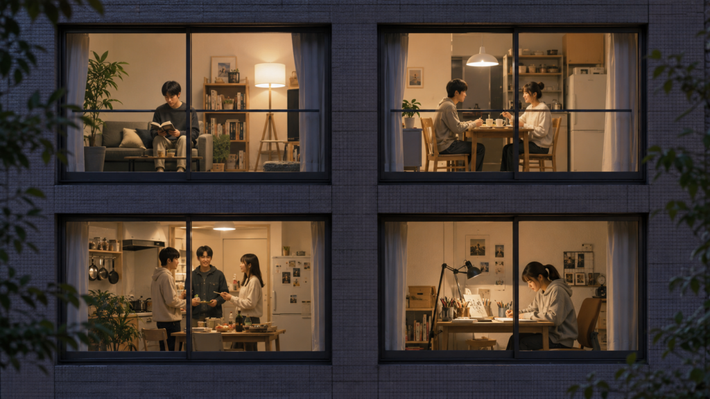 一人暮らし、カップル、友人同士など異なる若者の生活が同じ集合住宅内で並行して営まれている様子