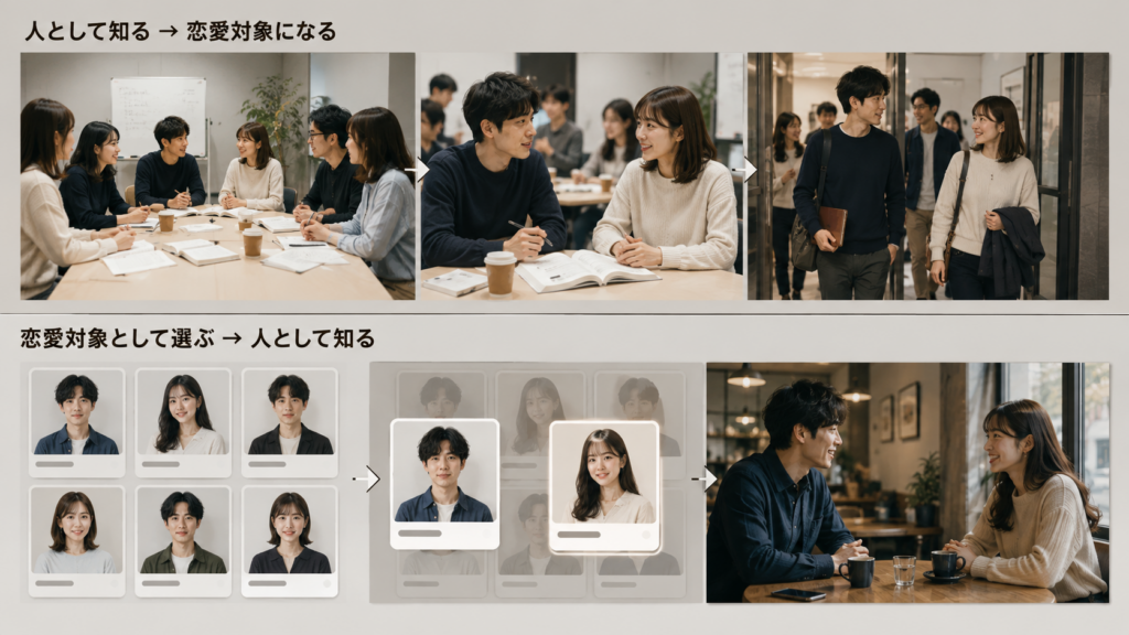 共通活動の中で人柄を知ってから恋愛対象になる流れと、候補を選んでから人柄を知る流れを上下で比較した図