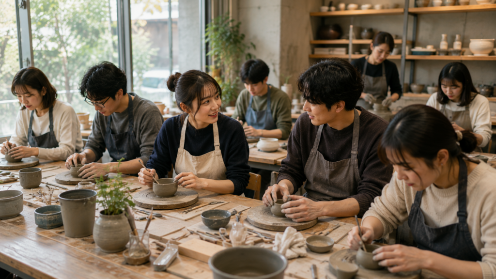 小さな陶芸教室で、20〜30代の社会人たちが同じ作業台を囲んで作品を作りながら自然に交流している