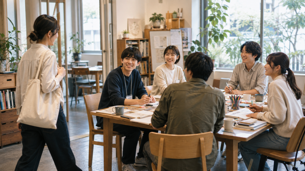男女数人が小規模なワークショップで同じテーブルを囲み、共通の活動を通じて交流している様子
