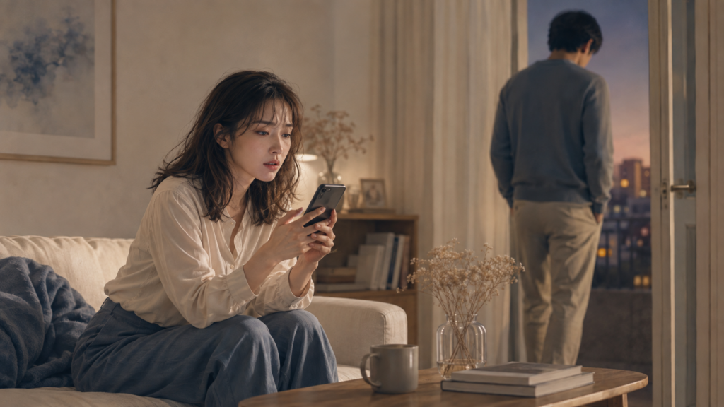 スマートフォンを不安そうに確認する女性と、距離を取るように部屋を離れる男性