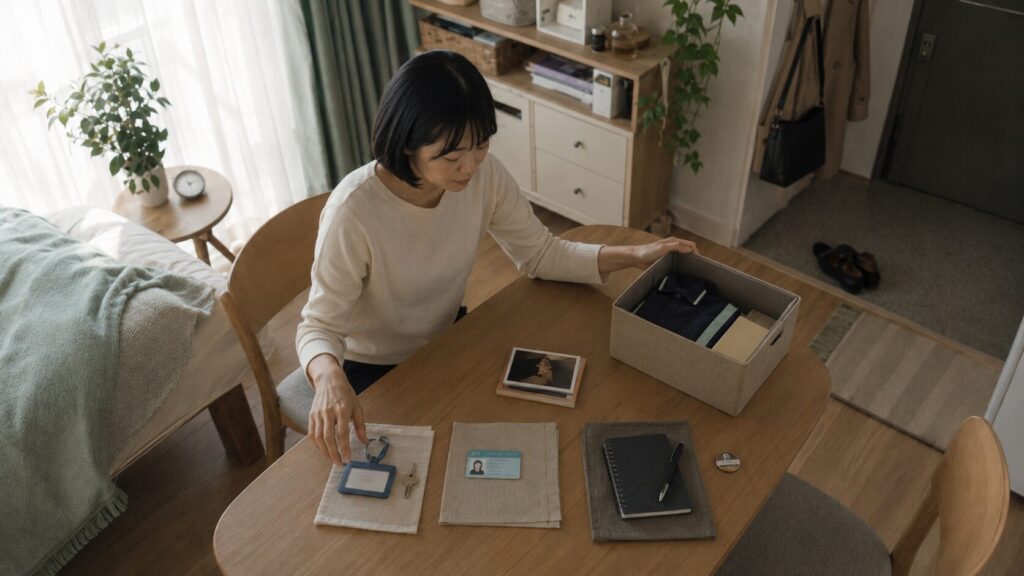 仕事や恋愛、所属を象徴する物を机に並べ、自分に残す役割を選び直す女性。