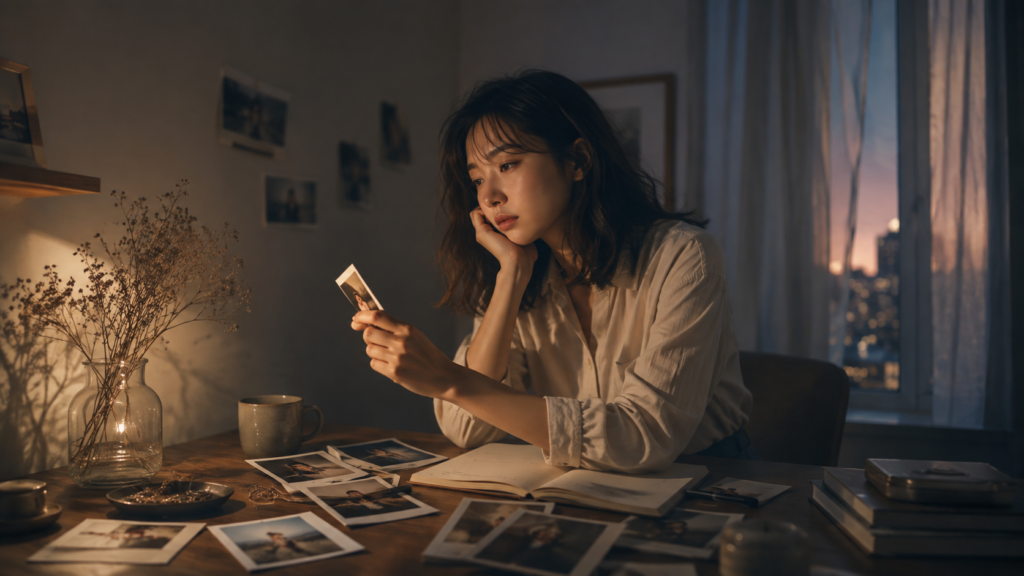 過去の写真を見返しながら、傷ついた出来事を自分の人生の物語として振り返る女性