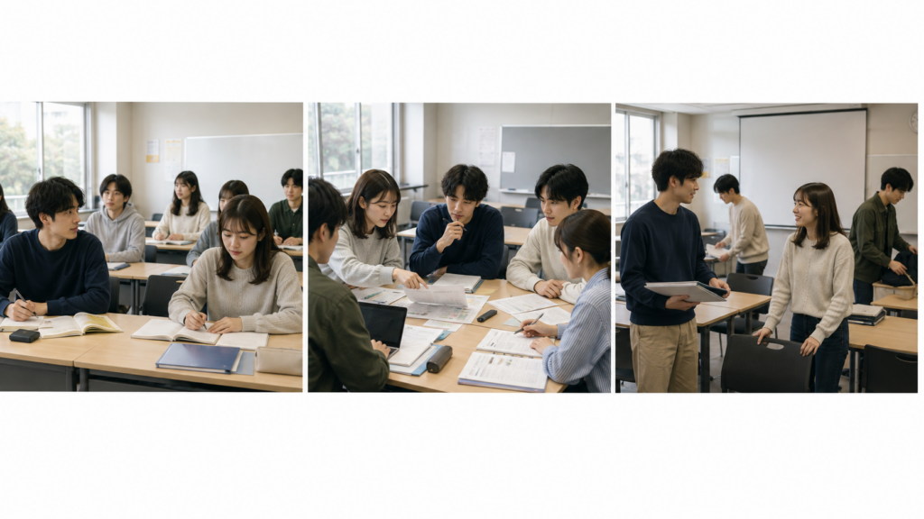 同じ成人学生たちが授業、共同課題、片付けを通じて繰り返し顔を合わせる3場面