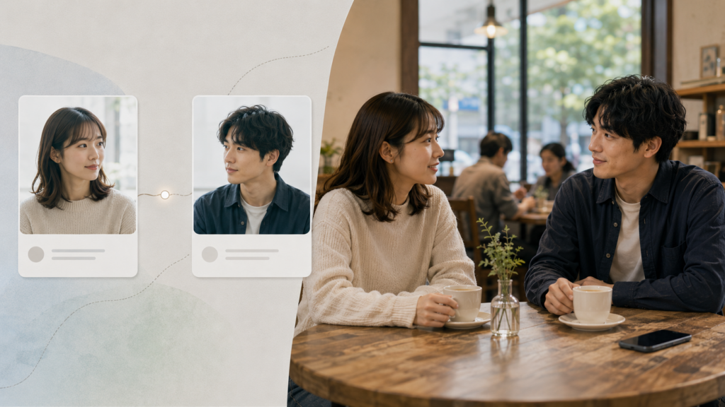 オンライン上で接点を持った二人が、その後カフェで対面して会話する流れを示した図