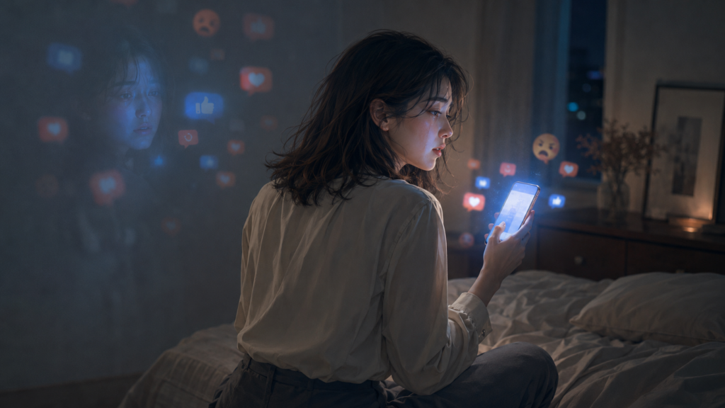 夜の部屋でSNSの反応を見つめ、共感や怒りの反応に感情を刺激される女性