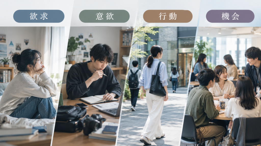 恋愛していない状態を「欲求・意欲・行動・機会」の4段階に分けて示した図