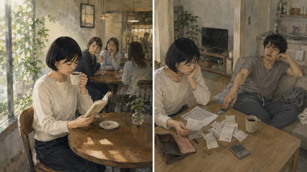 静かに一人で生きる人への偏見と、他者に負担を押しつける行動を対比したイラスト。