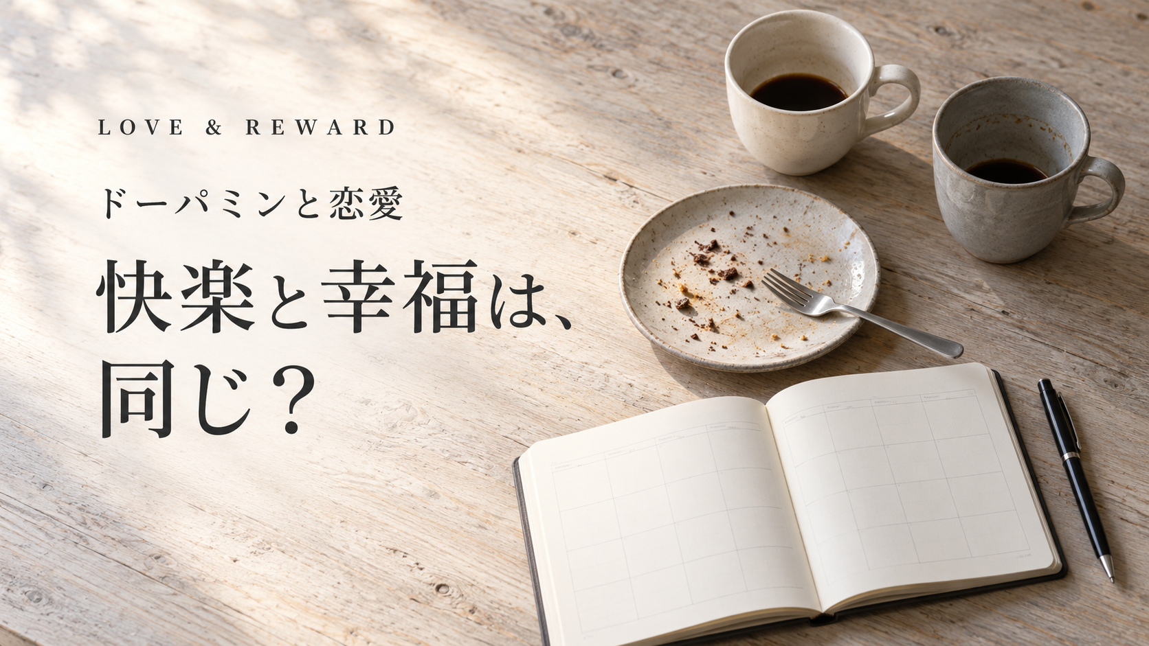 食べ終えた皿、二人分のカップ、空欄の予定帳を配し、「快楽と幸福は、同じ？」と記した表紙。