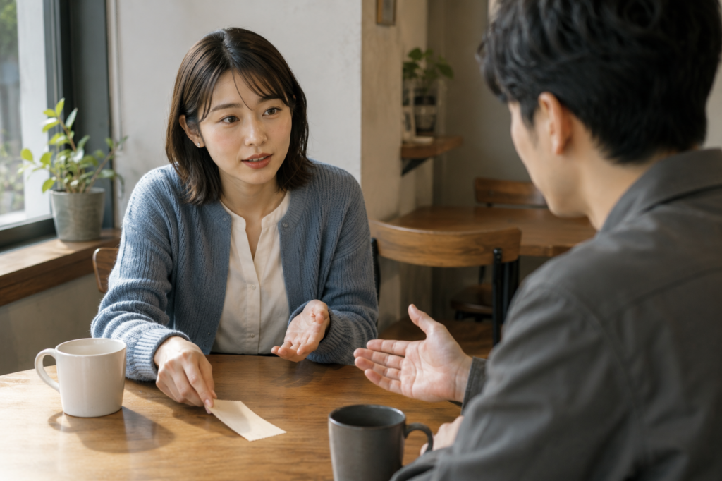 映画の半券を手がかりに女性の話へ追加質問を返す男性と、その理由を説明する女性