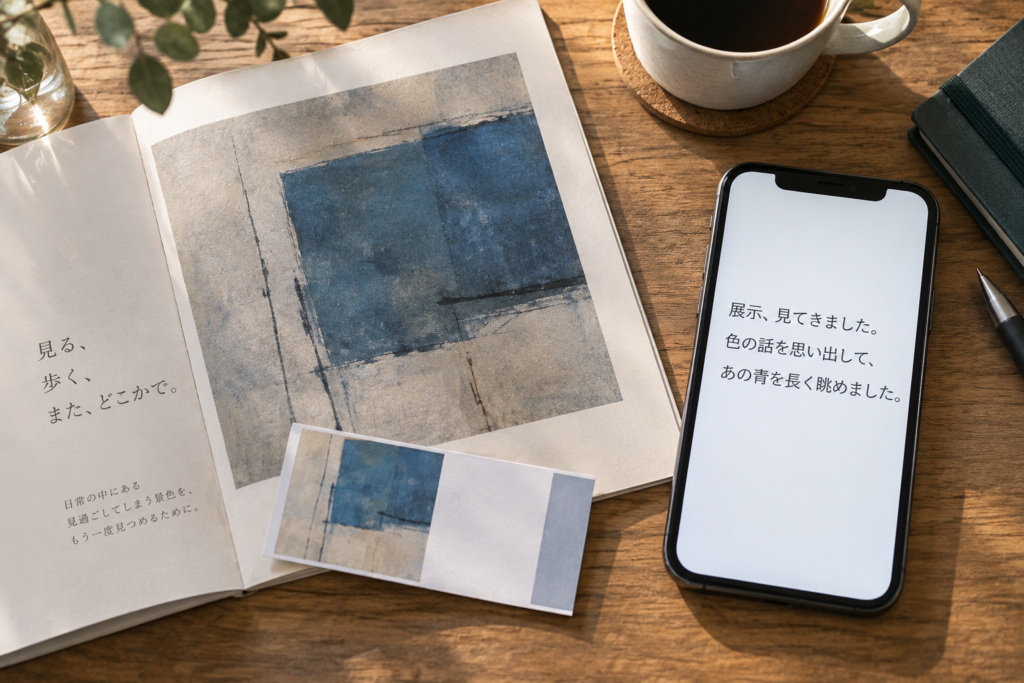 青い抽象画を載せた展示の案内と入場券の横に、鑑賞後の感想を伝えるメッセージが表示されている。