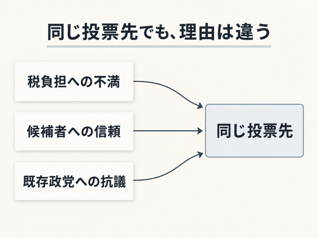 税負担への不満、候補者への信頼、既存政党への抗議から、同じ投票先へ矢印が集まる。