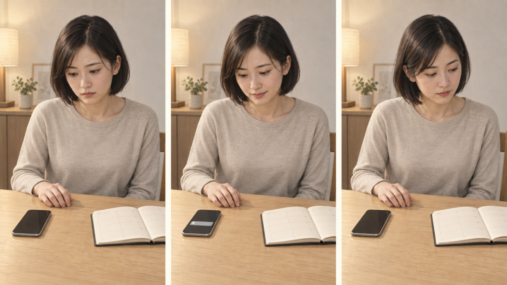 同じ女性がスマートフォンを見つめ、通知で表情を緩め、最後に空欄の予定帳へ視線を移す三つの場面