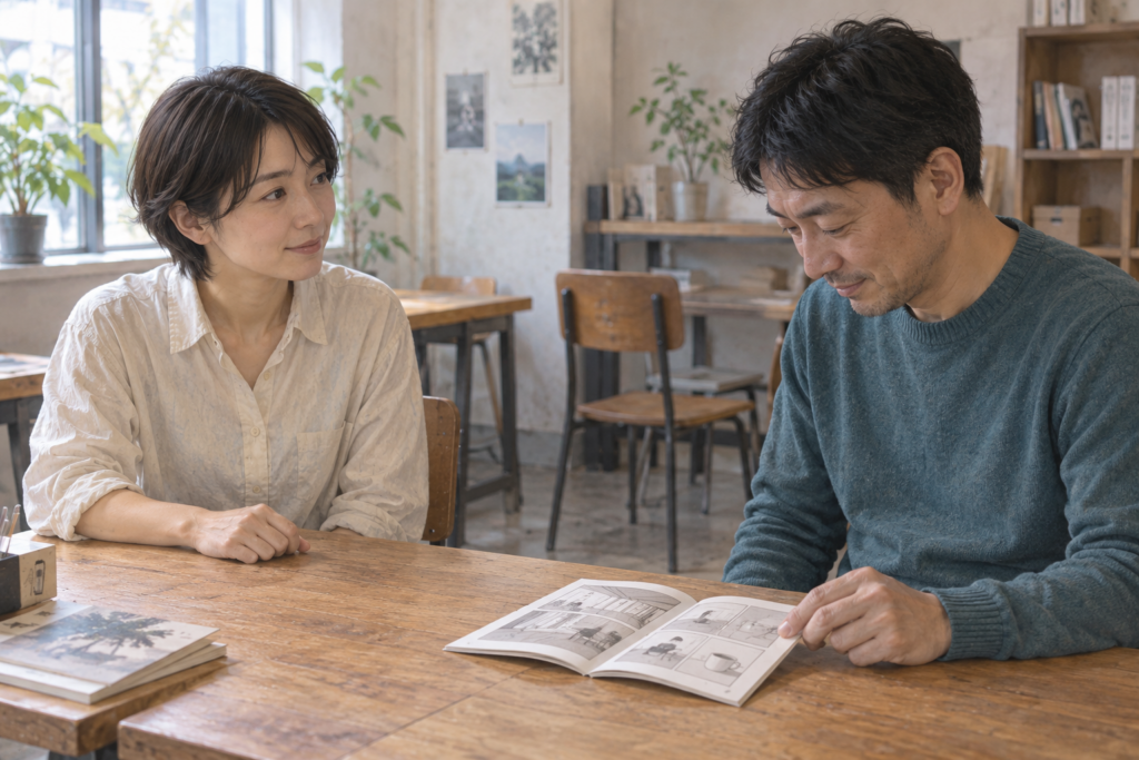 机を挟んで、一人が手製の小冊子を読み、向かいの一人がその反応を見ている。