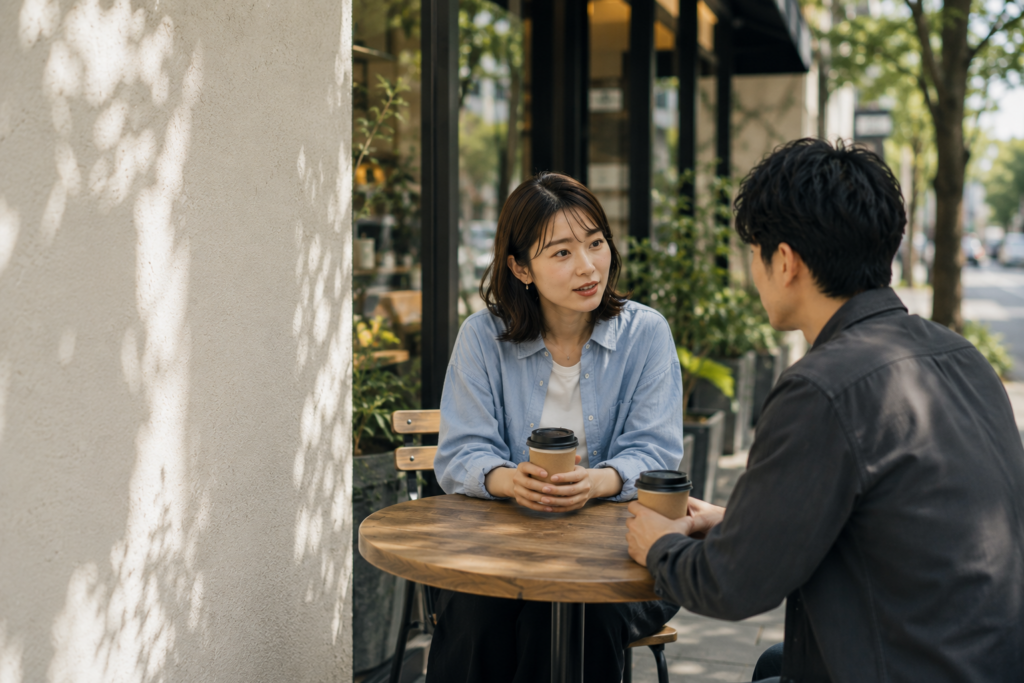 野外で会話する男女