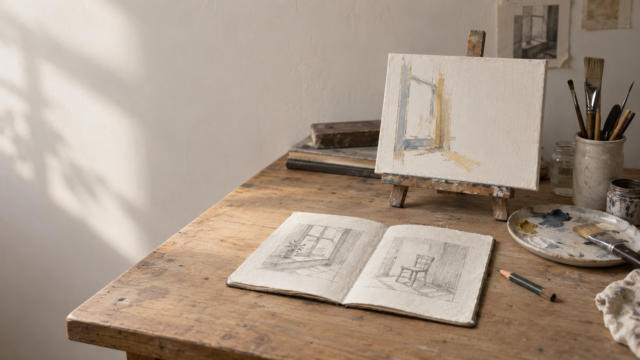 開いた鉛筆画の冊子と、窓の形を描き始めた小さなキャンバスが、同じ制作机に置かれている。