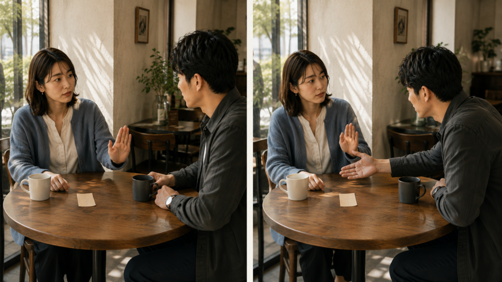答えたくない意思を示した女性に対し、距離を戻して受け入れる男性と、身を乗り出して会話を続けようとする男性を比較した場面