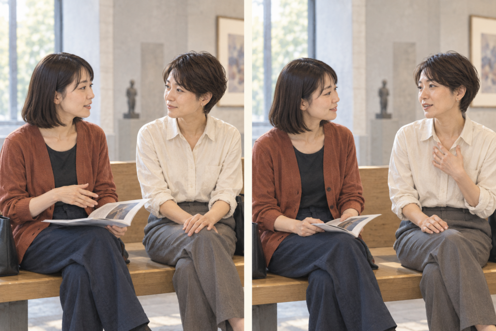 左では展示の感想を聞いていた女性が、右では自分の感想を話し、もう一人が聞いている。
