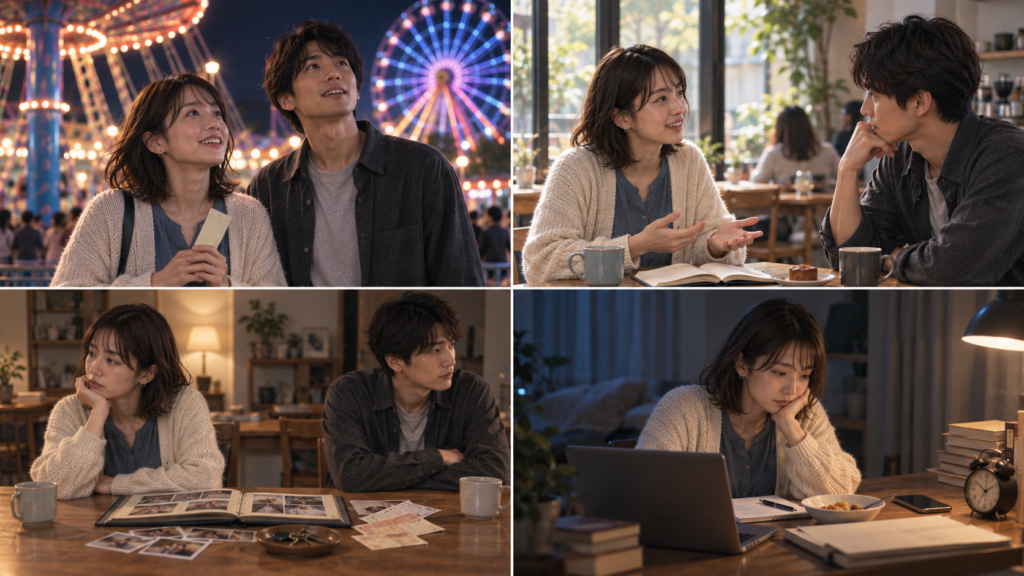 夜の遊園地で高揚する二人、カフェで語り合う友人、思い出の品を挟んで離れて座るカップル、返信を待つ一人を四分割で示している。