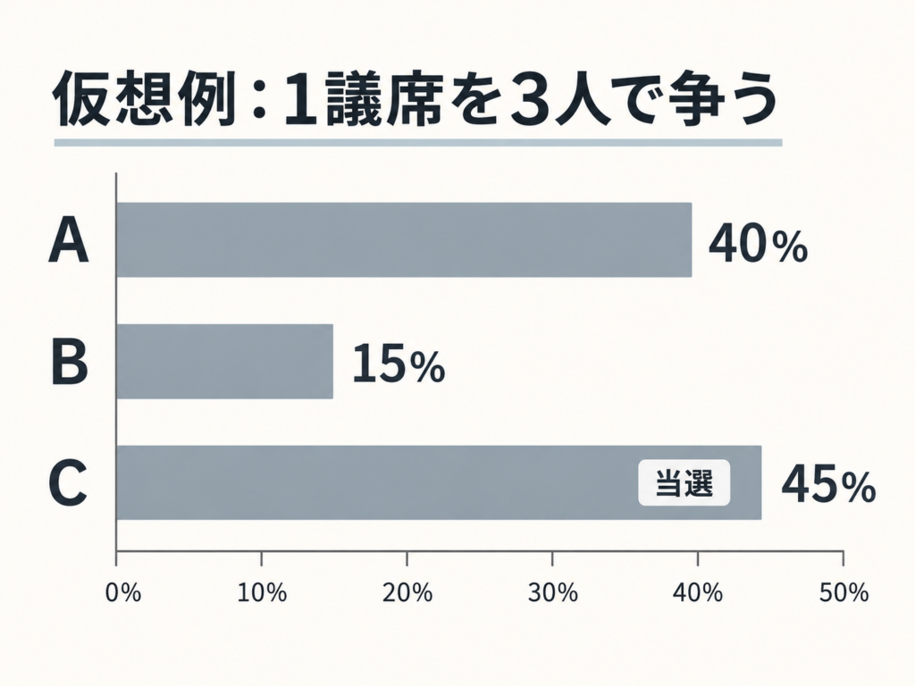 仮想例の得票率はA40％、B15％、C45％で、最多得票のCに当選と表示されている。
