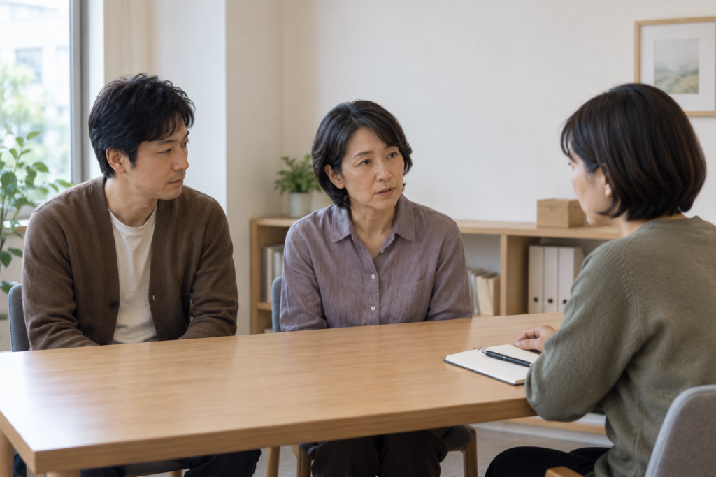 相談室の机で、付き添う人と並んだ相談者が、机の右側に座る担当者へ顔を向けている。
