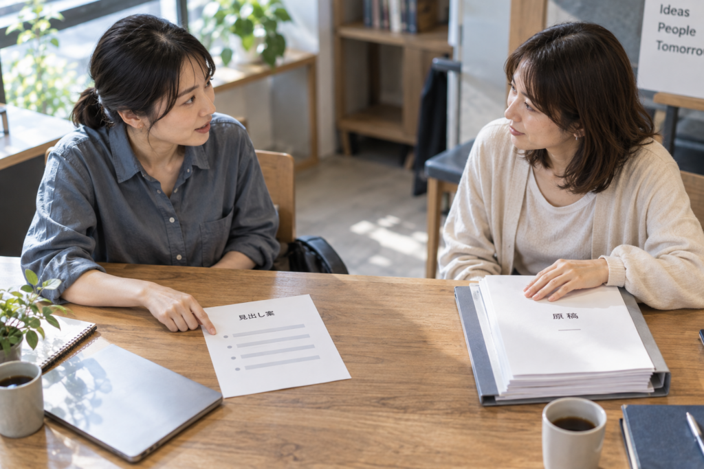 テーブルを挟んで座る二人が、見出し案の一枚紙と厚い原稿の束を分けて置き、話している。